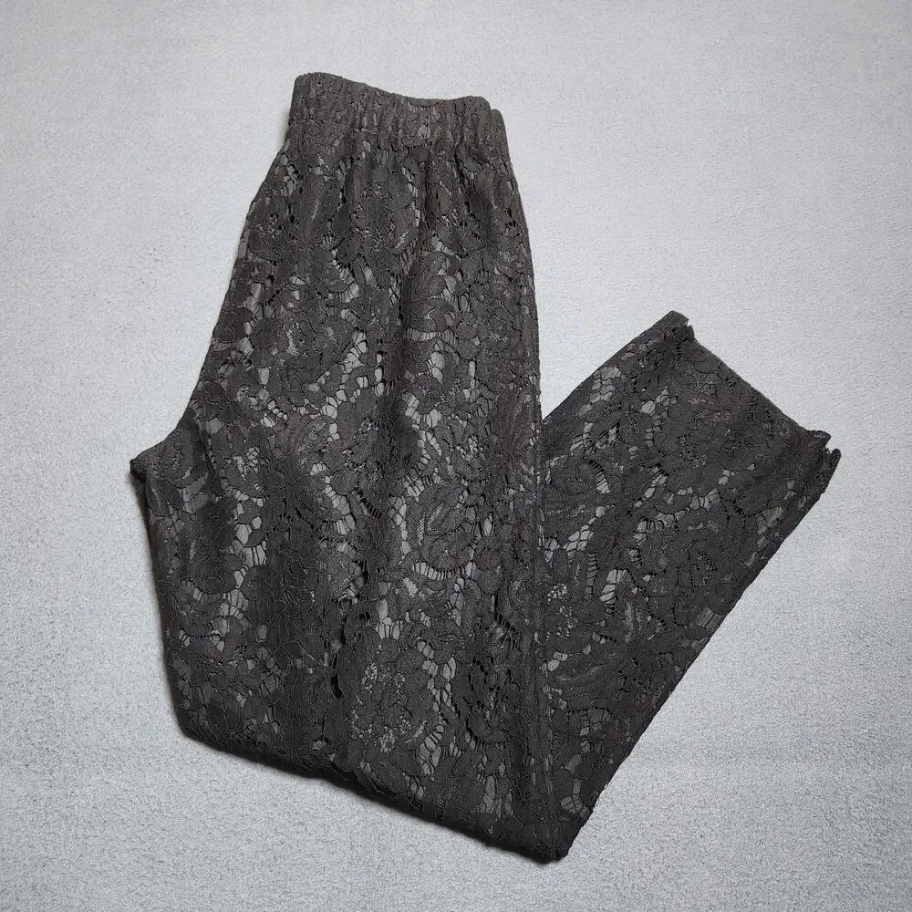 J. Crew Pants Women 4 Black Mid Rise Lined Floral Lace Straight Leg Pull On